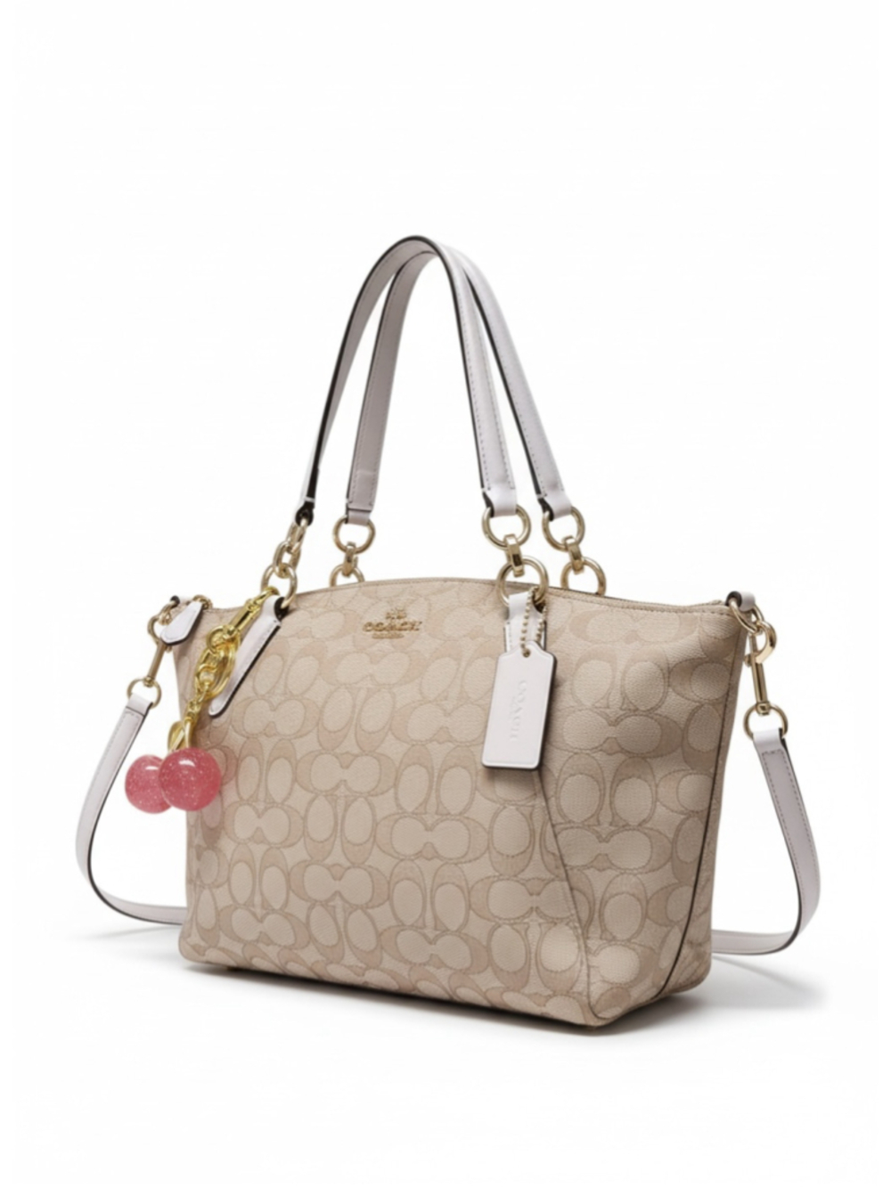 Coach Kelsey Signature Satchel Bag w/Pink Cherry Charm, Coach Tag Beige & White